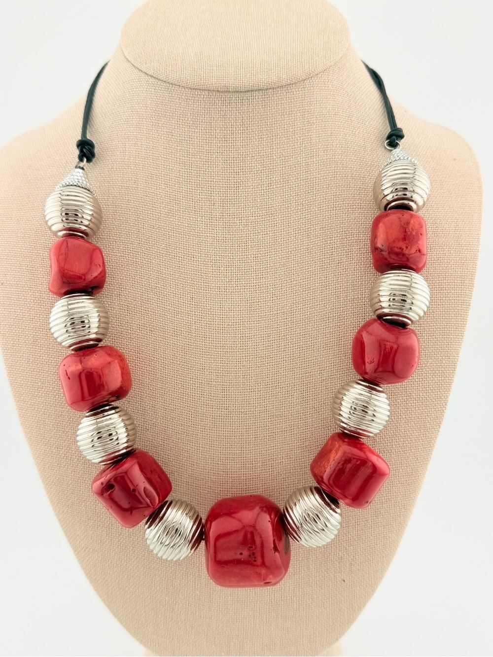 Chunky Red Coral & Silver Statement Necklace